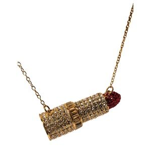 NEW Sparkling Crystal Lipstick Charm Necklace Gold Tone Red Stone Women Fashion